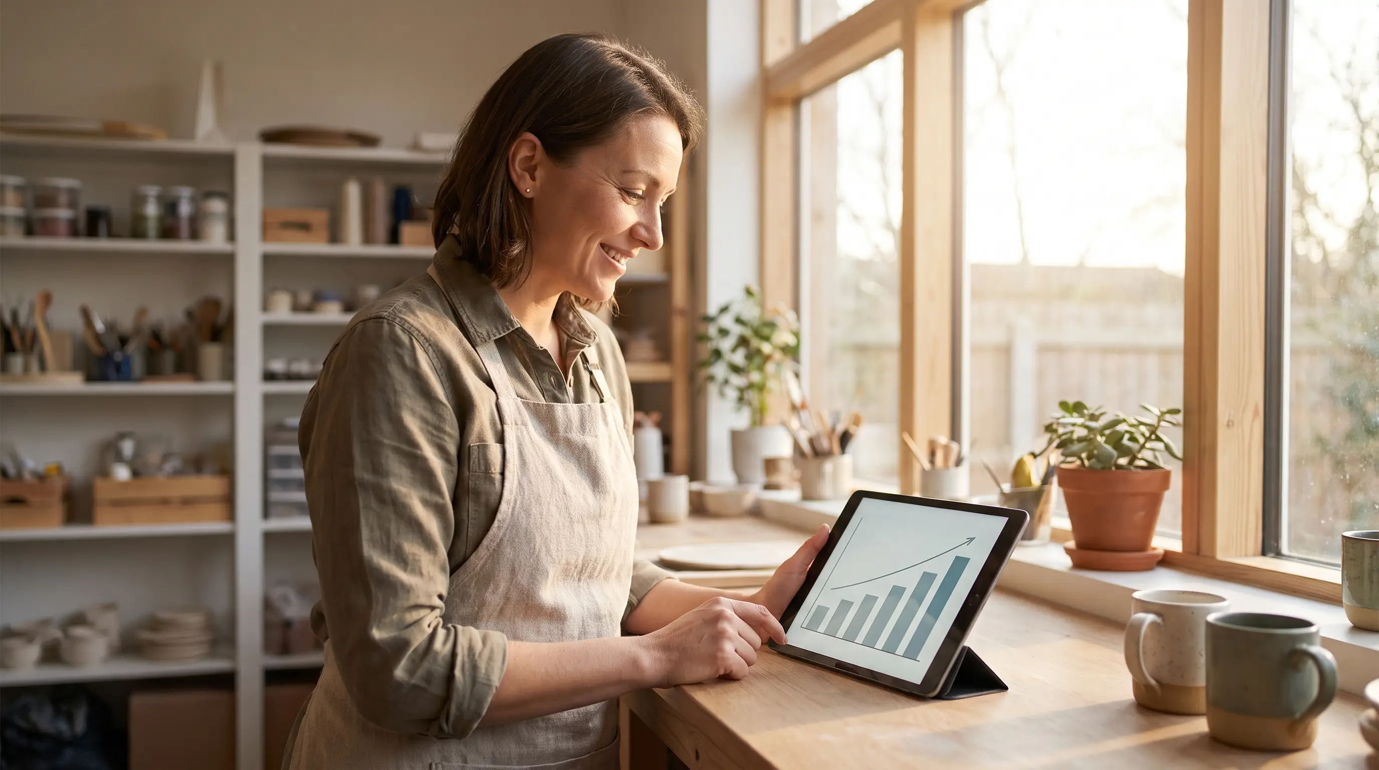 Business owner reviewing a dashboard on a tablet in a bright workshop