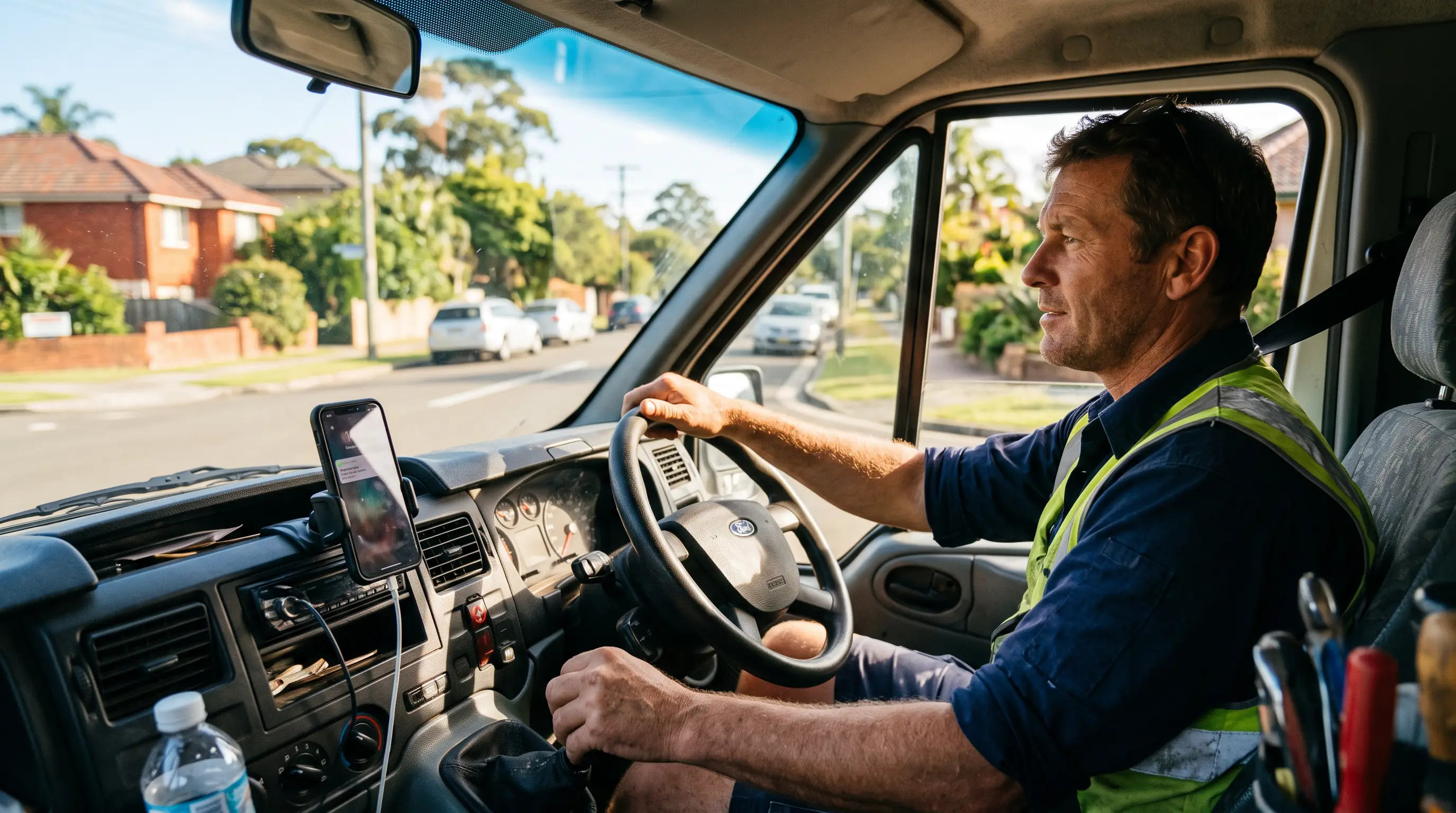 Plumber driving with a missed-call notification on the dash