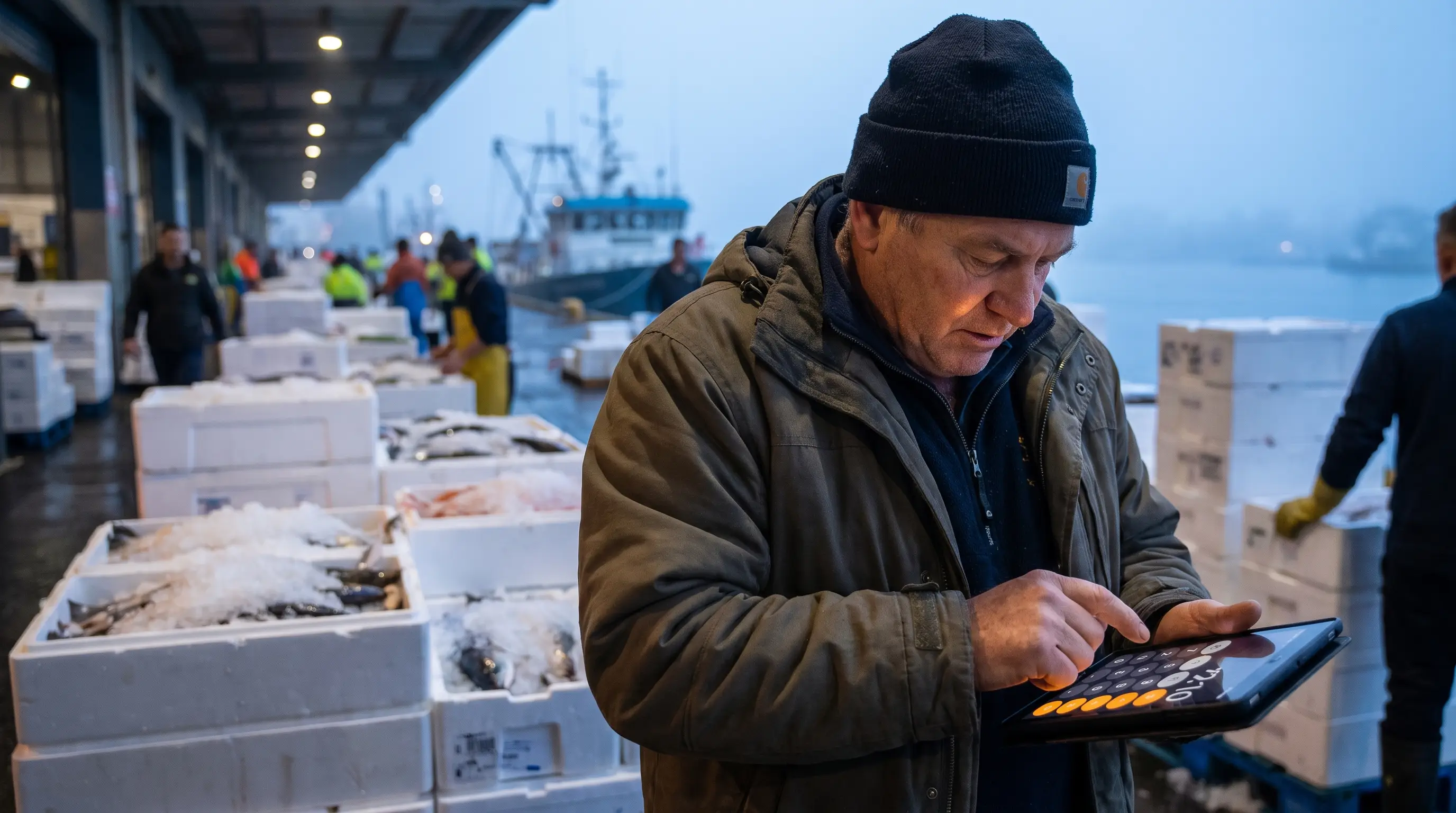 Seafood wholesaler on a loading dock using a calculator on a tablet