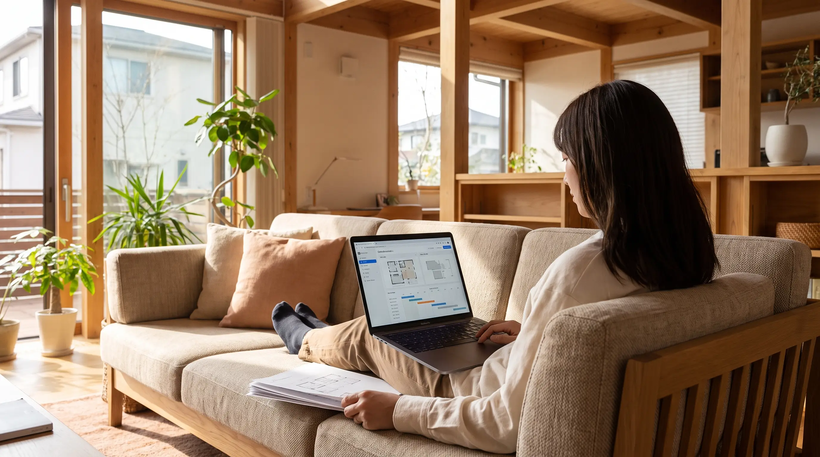 Client at home reviewing project documents in a portal on a laptop