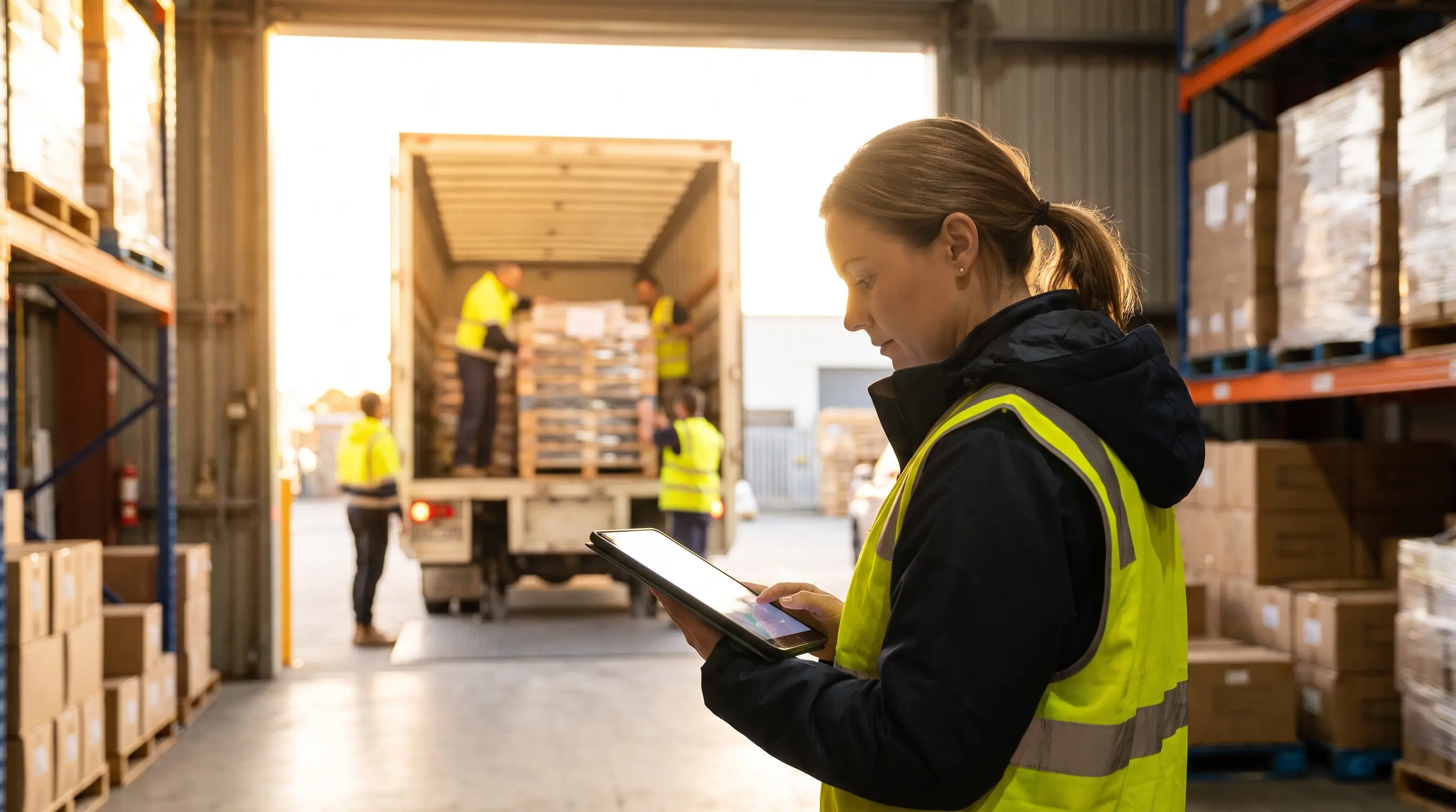 Dispatch coordinator checking a job board while a truck is loaded
